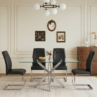 Rectangular Glass Dining Table 47.24" Silver Metal Legs, Tempered Glass Modern Kitchen Table for Dining Room Living Room Office,Silver