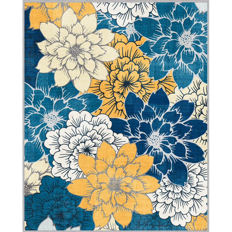 Modern Dahlia Floral Weather Resistant Indoor / Outdoor Cushioned Area Rug, Rectangle 6' x 9', Blue,Beige,Yellow