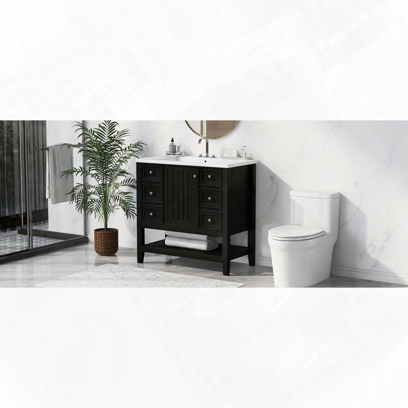 Ensemble de meuble-lavabo avec lavabo et armoire à trois tiroirs en bois massif et panneau de fibres à densité moyenne
