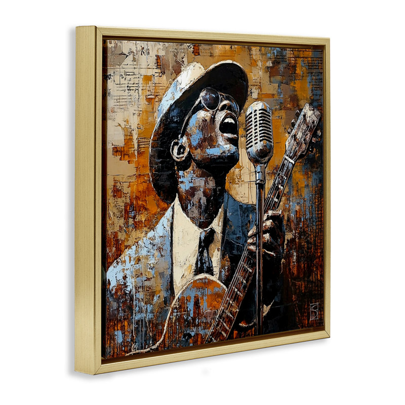 Cadre flottant Passionate Blues Singer, design par Sara Culpepper, H 18 po x l 18 po, Cadre flottant métallique doré