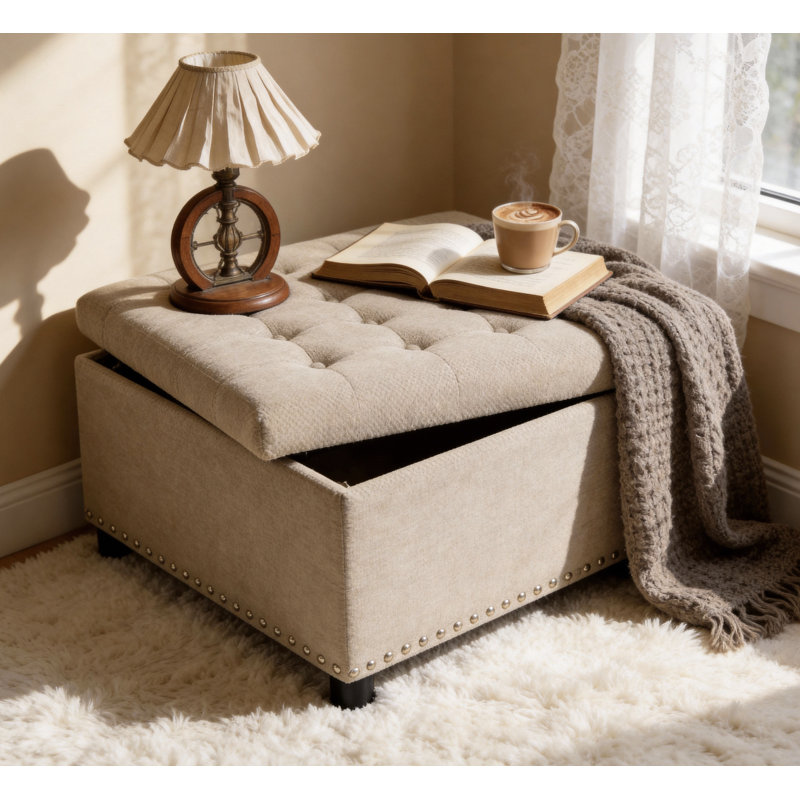 Storage Ottoman, Tufted Footstool, Nailhead Trim Ottoman, Square Storage Ottoman, Upholstered Coffee Table, Bedroom Storage, Living Room Accent