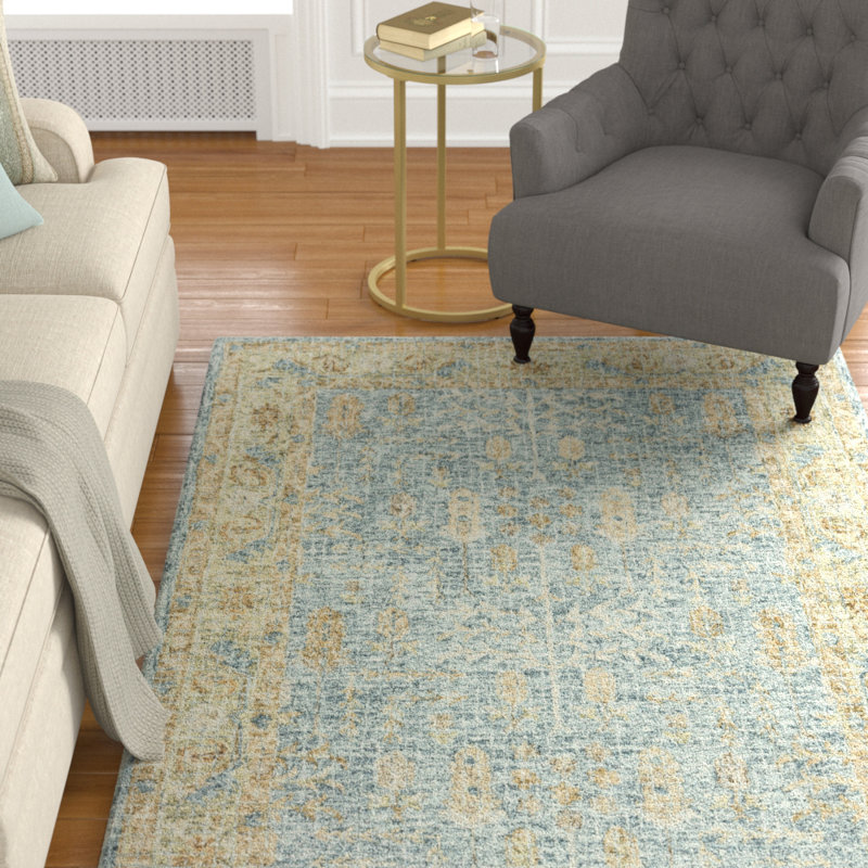 Tapis bleu / doré en laine crocheté à la main Fitzwater, Rectangle 3 pi 6 po x 5 pi 6 po