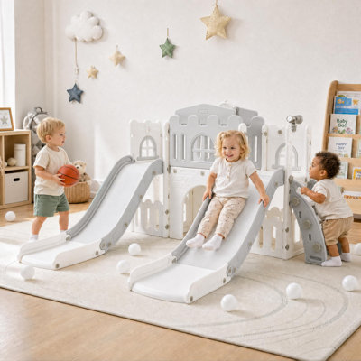 Toboggan double pour tout-petits, structure de jeux 10 en 1 pour enfants de 1 à 3 ans, structure d'escalade en PEHD avec marches antidérapantes et rangement, idéale pour la salle de jeux, le jardin et la terrasse, gris et blanc.