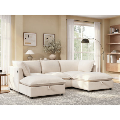 Canapé modulaire de 98 po avec repose-pieds de rangement mobile, canapé en forme de U avec dossier rabattable, abris de jeu, porte-gobelets, canapé modulaire à assise profonde en chenille pour le salon