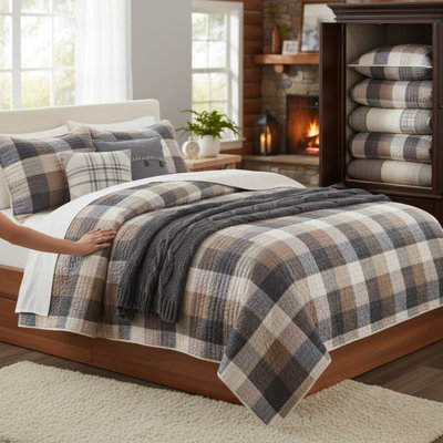 Ensemble de courtepointe à chevrons 6 pièces avec coussins décoratifs Neutre double / grand