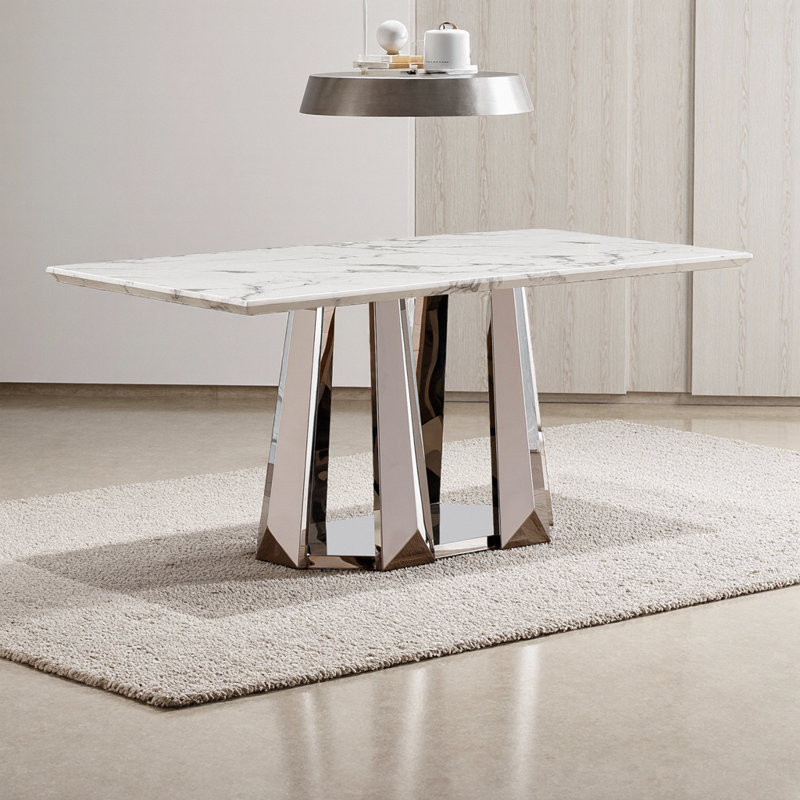 Table de salle à manger 70 po pour 6 personnes avec base en acier inoxydable - Grande table de cuisine rectangulaire moderne