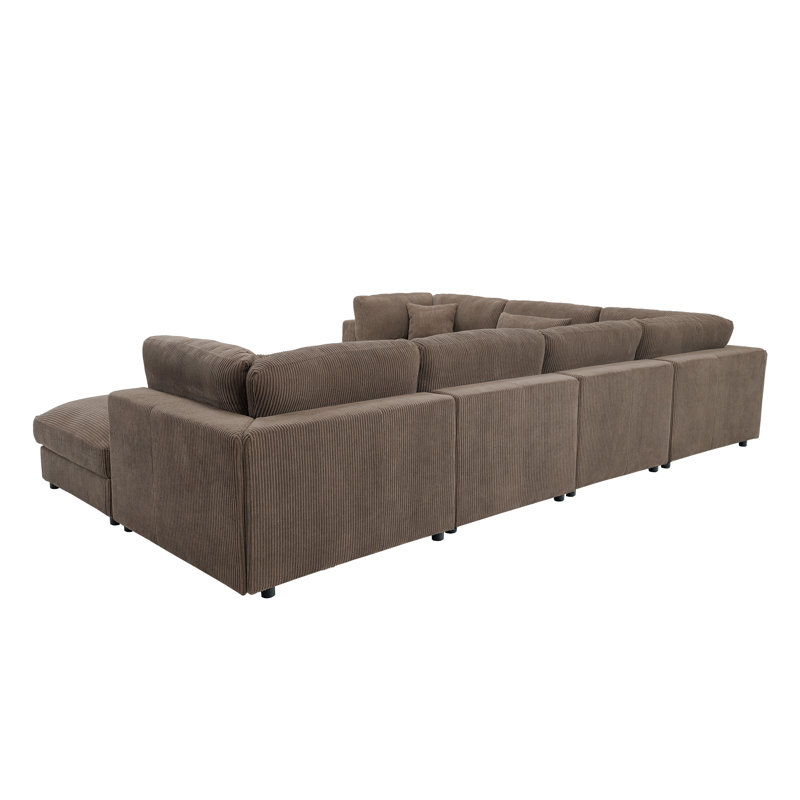 Canapé d'angle en velours côtelé marron, 366 cm (L) x 284 cm (P) x 84 cm (H), configuration personnalisable.