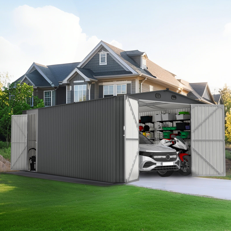 13 Ft. W X 20 Ft. D Outdoor Storage Shed, Huge Metal Shed With 2 Double Hinged Doors, Dark Grey