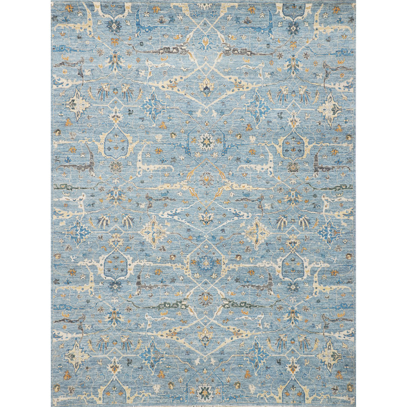 Tapis bleu noué à la main de haute qualité, Rectangulaire 8 pi x 10 pi