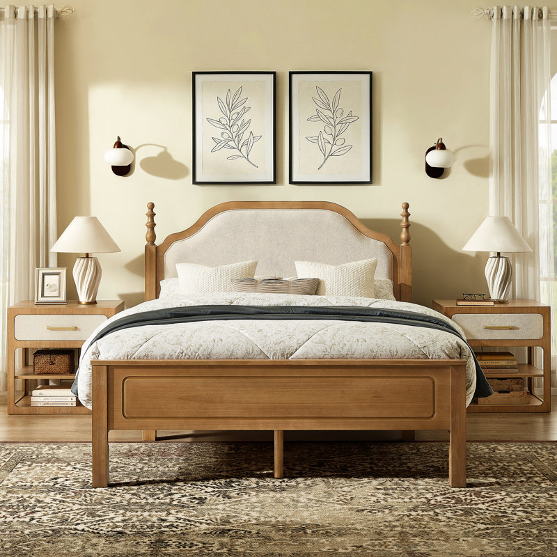 Abigale Solid Wood 3 Piece Bedroom Set, Upholstered Queen Bed Frame and 2 Nightstand, Light Brown, Light Brown