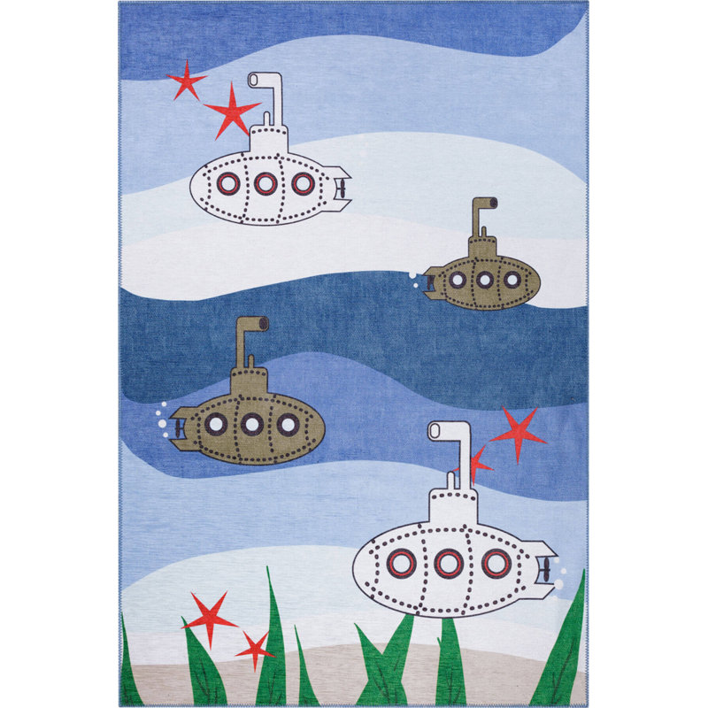 Woven Base Decorative Blue Undersea Patterned Children's Rug, Runner 2'6" x 7'7"