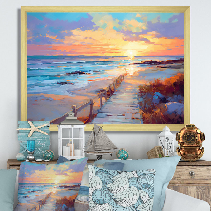 Pathway To Pink Pastel Beach Sunset - Beach Canvas Print, Cadre doré à une seule photo, H 16 po x l 32 po x P 1 po