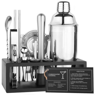 Ensemble de barman avec support - ensemble d'outils de bar 15 pièces, ensemble de bar à cocktail en argent pour mélanger les boissons - comprend un martini-shaker, un jigger, une crépine, une cuillère, des pinces, un ouvre-bouteille | Idée de cadeau
