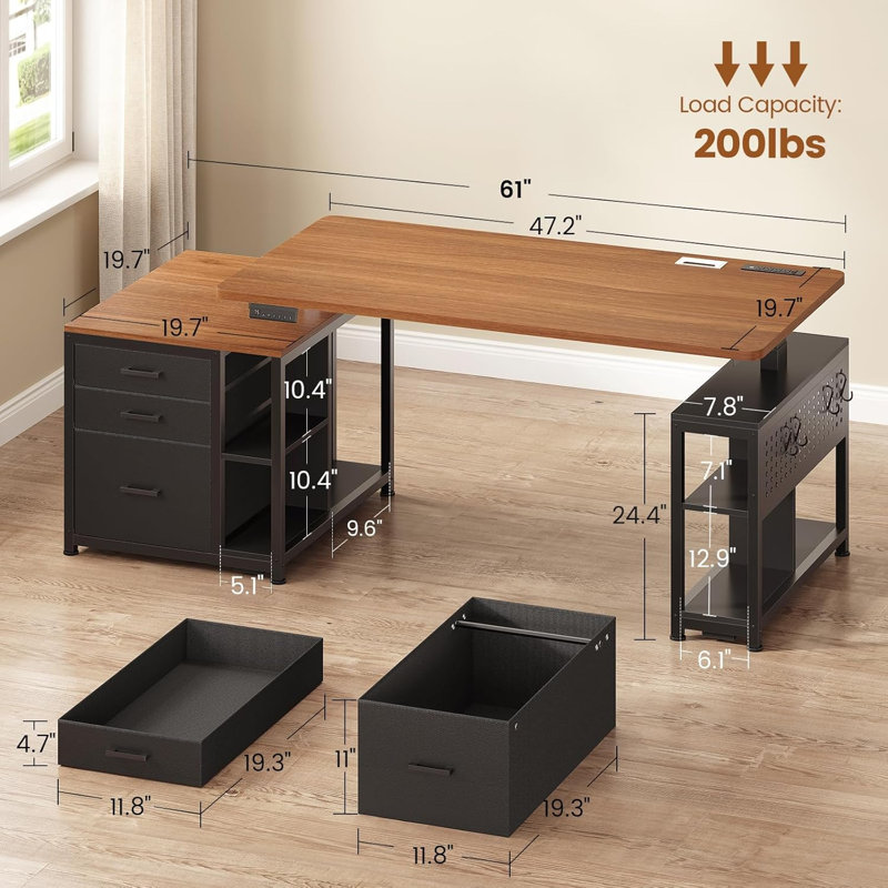 Bureau d'ordinateur en L 67 po réversible avec 4 tiroirs en tissu