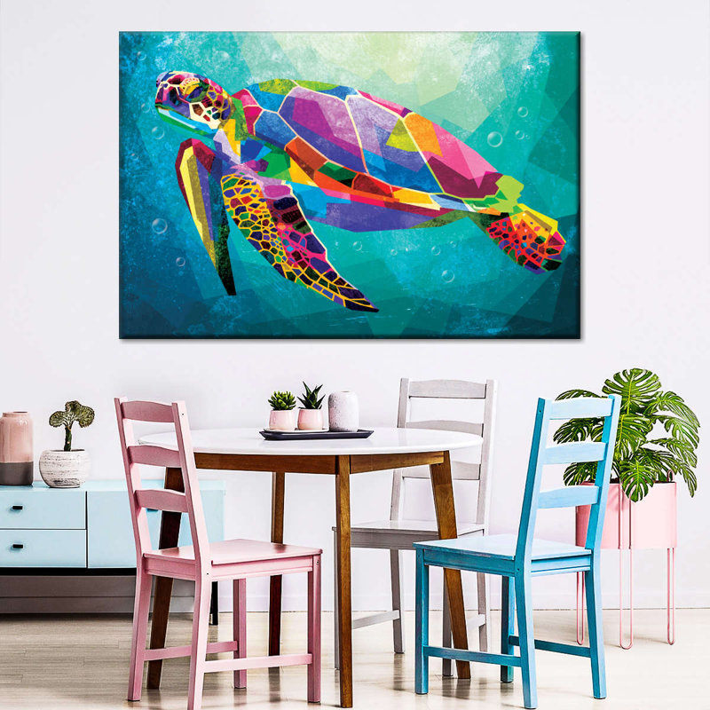 Tortue arc-en-ciel géométrique - impression sur toile tendue, H 30 po x l 20 po x P 1,25 po