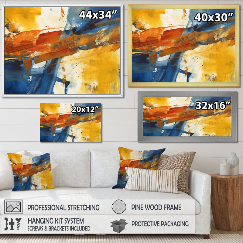 «Evening Glow», abstrait orange et bleu royal - peinture abstraite, art mural, H 16 po x l 32 po x P 1 po, Toile tendue