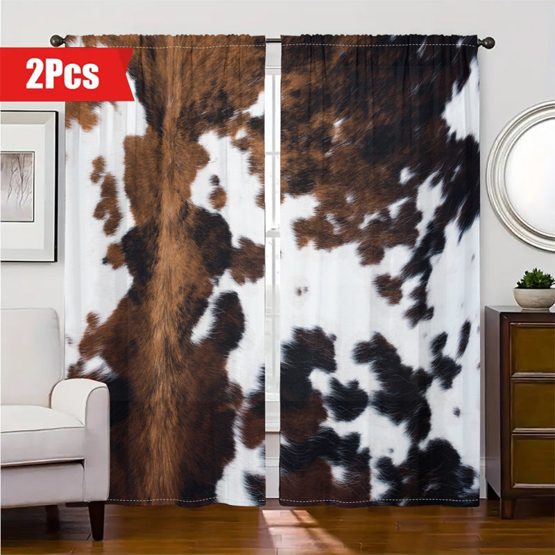 2Pcs Cowhide Pattern Curtain Panel Western Style Rod Pocket Window Drapes Brown White Cattle Print Rustic Country Farmhouse Curtains Light Filtering Panels for Living Room Bedroom Kitchen Home Decor