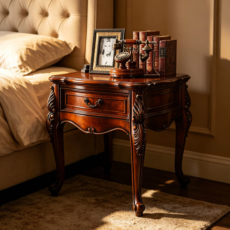Table d'appoint carrée ondulée en bois massif de 25,98 po avec pieds courbés sculptés rétro avec tiroir de rangement pour le salon et la chambre à coucher