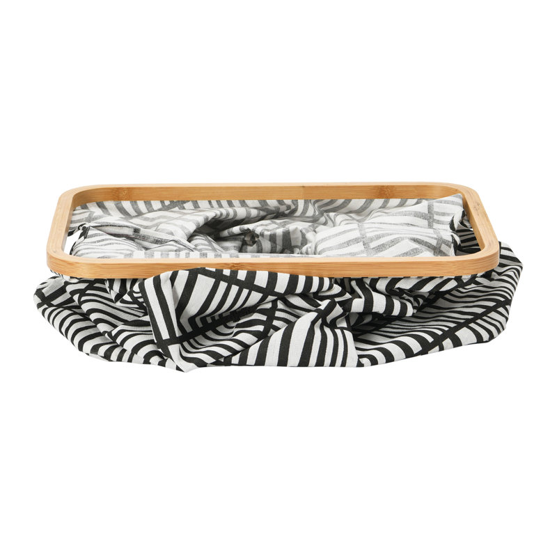Bamboo Rimmed Rectangular Krush Container Basket with Cut Out Handles and Collapsible Coated Canvas, Black/White/Brown