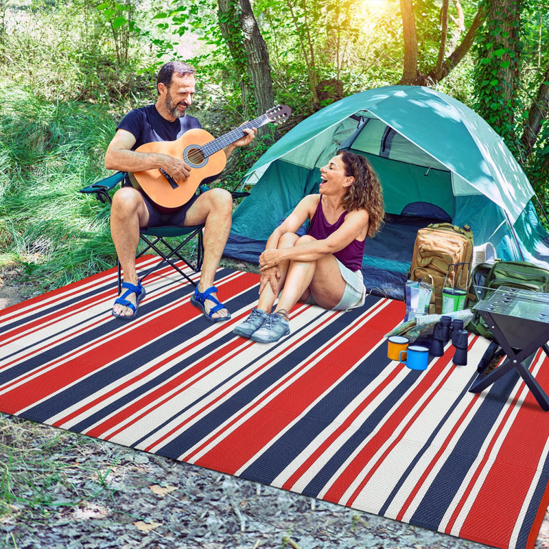 Large Outdoor Rug, Waterproof Reversible Plastic Mat – Modern Striped, UV-Resistant, Easy Clean, For Patio, Deck, Camping, RV, Porch, Red/Navy Blue/White, 10x14ft (305x427cm)