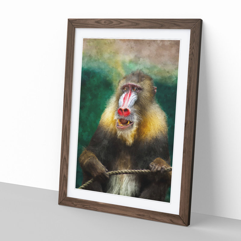 Mandrill Baboon Monkey - Picture Frame Painting, Walnut Framed, 65cm H x 48cm W x 2cm D