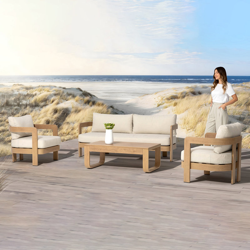 Assembly Free Sofa, Quick Assembly Coffee Table,Outdoor Aluminum Sofa Set,  5 Person Outdoor Seating Sofa, Wood Grain Veneer Sofa Set for Patio
