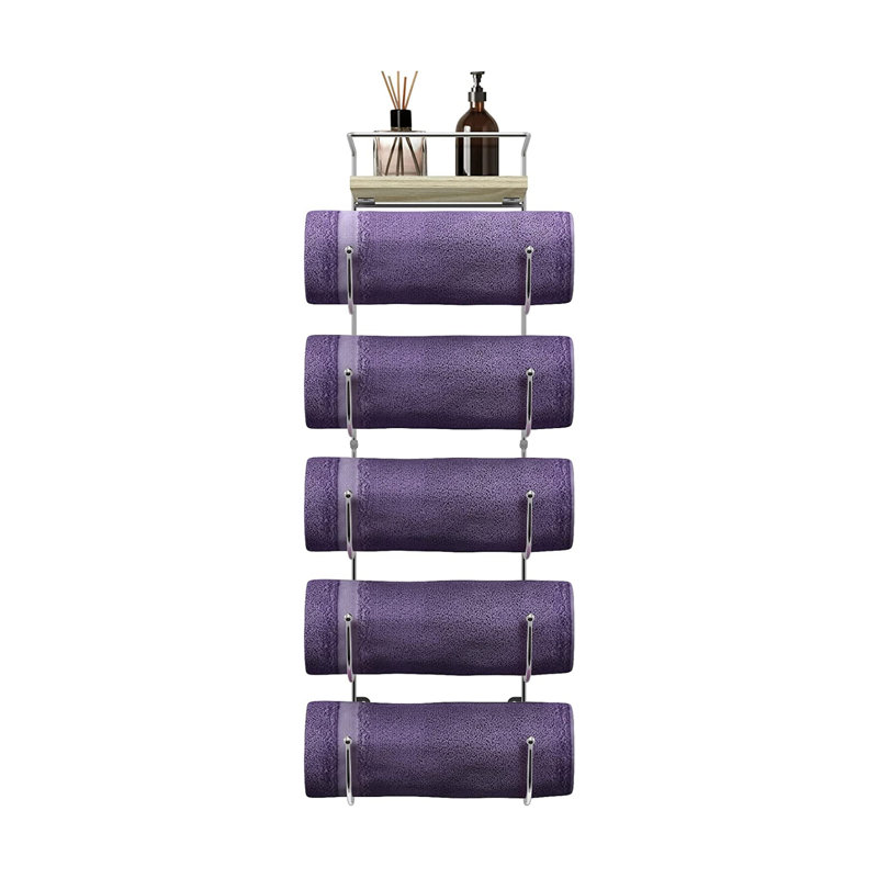 Silver Wall Mounted 5-Tier Metal Towel Rack with Wooden Shelf
