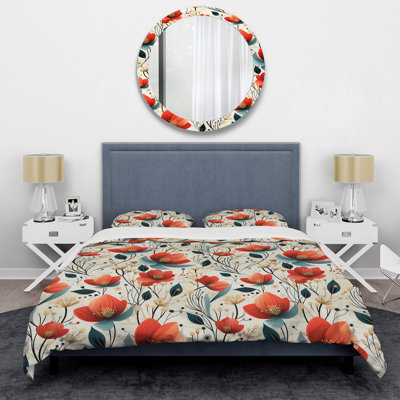 Red And Beige Cottage Floral Pattern Floral Duvet Cover