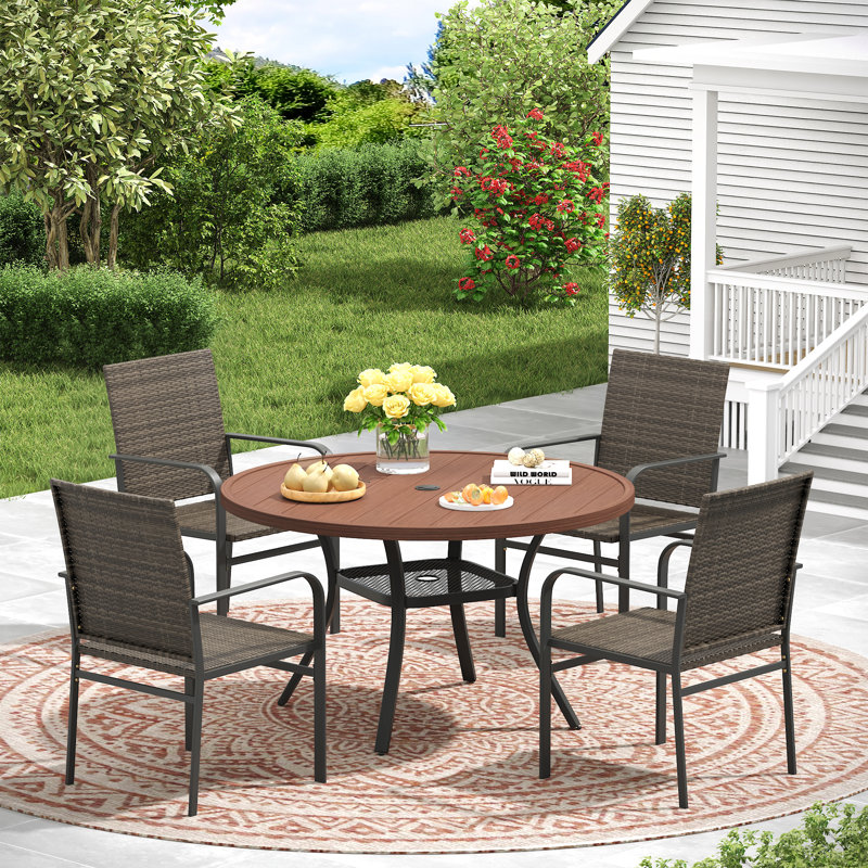4-Person Patio Dining Set with Round Metal Dining Table and 4 Rattan Armrest Dining Chairs, Black/Brown