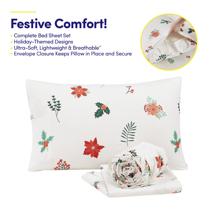 Printed Holiday 3Pc Sheet Sets, Easy Care, Soft & Wrinkle-Resistant Holiday Bedding - Poinsettia, Twin
