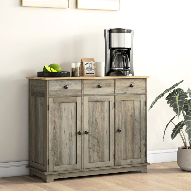 Unité de rangement moderne - comptoir en bois massif, gris, 3 tiroirs, portes, tablette réglable s'adapte à vos besoins de cuisine avec assiettes, casseroles, poêles, ustensiles, buffet de serviettes