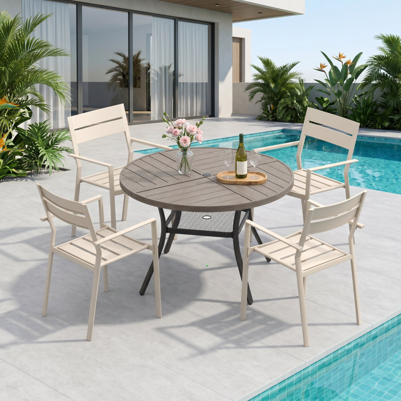4-Person Round Patio Dining Set With Stackable Chairs, Brush Wood Gray/Sandshell