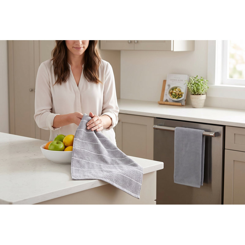 Lot de 2 torchons de cuisine absorbants S&CO en éponge 100 % coton, 40 x 60 cm, torchons tissés texturés pour sécher et nettoyer, gris chiné