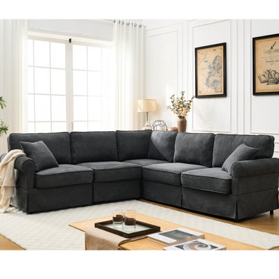 5 L Shaped , Upholstered Sectional With Pocket Spring, Dark Gray For Living Room Couch, 5 Seat Comfy Home Decor