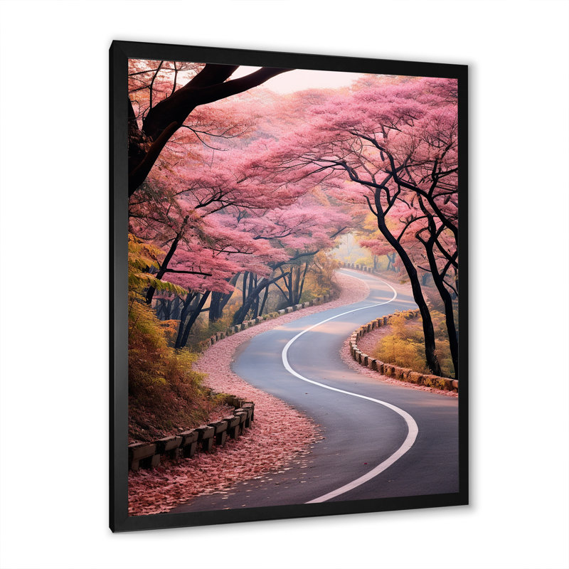 Route rose dans la forêt II, H 32 po x l 16 po x P 1 po, Cadre simple noir