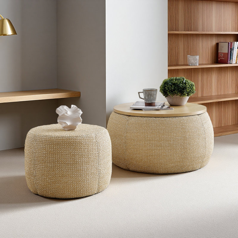 Round Storage Ottoman, 2 In 1 Function, Work As End Table And Ottoman,With Small Seat, Natural