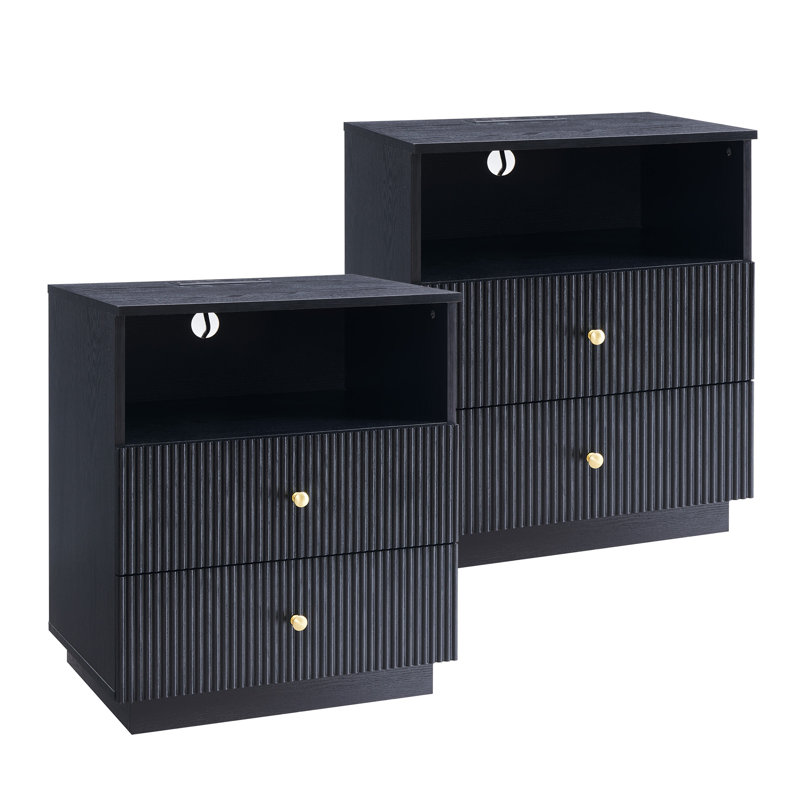 25.98" Tall Modern End Table Set of 2, 21.65" Wide Wood End Table with Charging Station, Storage Drawers w/Fluted Profile Design for Bedroom,Black