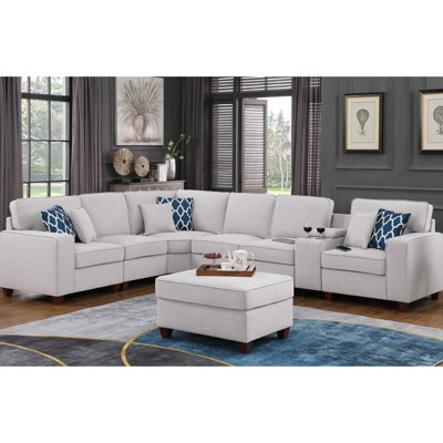 Gray Sectional With , Linen Fabric, 6 Pillows, Port For Electronics, Back Cushions Readily Removable A Sanitary Environment - Toss Pillows Included, Cupholder Port, Hassle- Maintenance, Armless