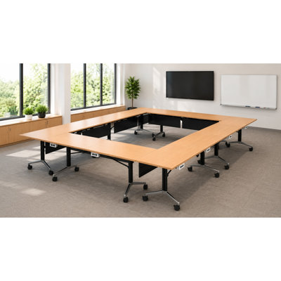Tables de formation pliables pour 12 personnes, extra longues pour les colloques et les conférences avec plateau épais, couleur hêtre, pieds pliables et boîtiers électriques intégrés