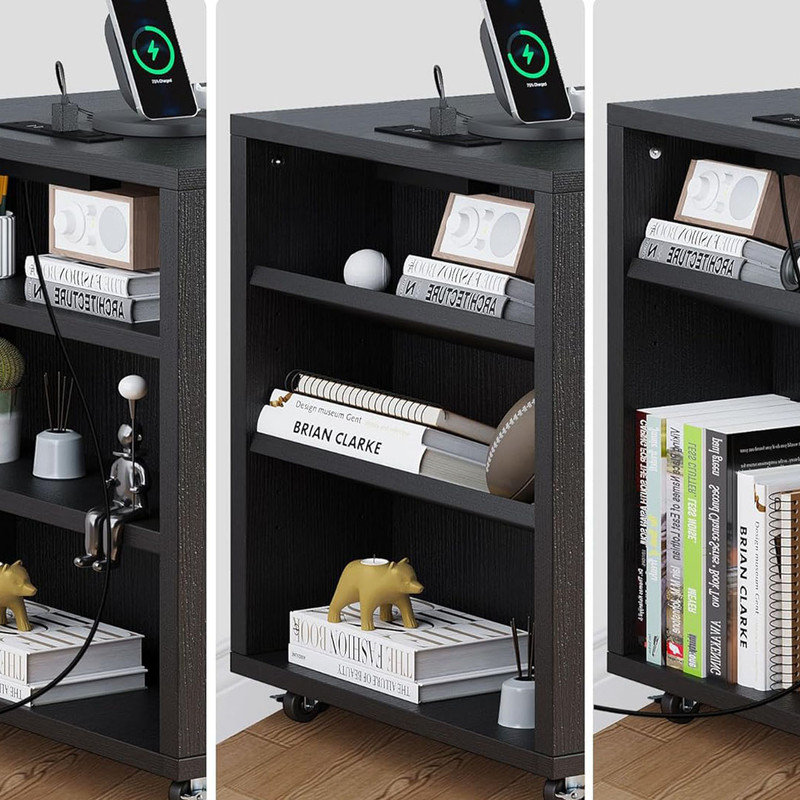 Black Wood Mobile Lateral Filing Cabinet with Lock and Charging Station