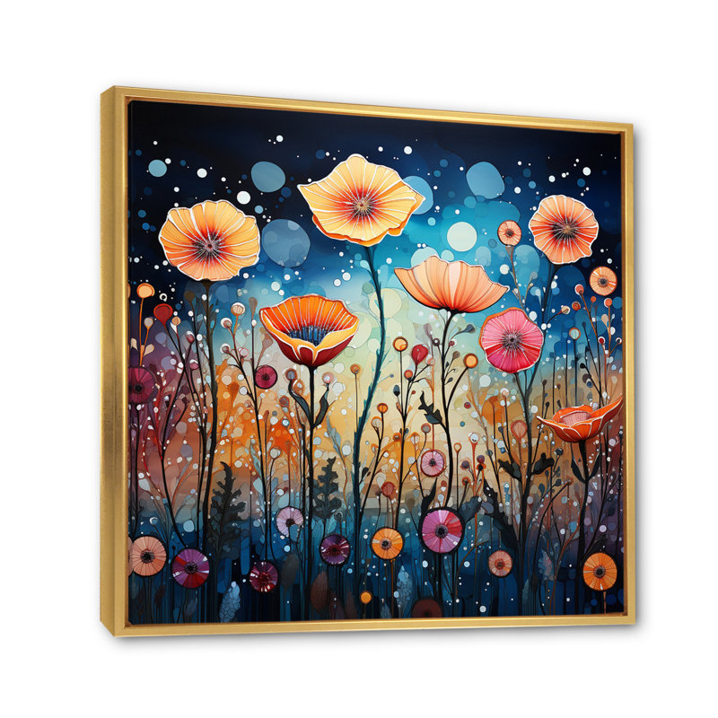 Fleurs sauvages fantaisistes pointillisme II sur toile, Cadre flottant doré, H 36 po x l 36 po x P 1,5 po