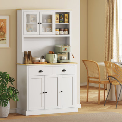 Kitchen Pantry Storage Cabinet with Microwave Stand, 71" Modern Kitchen Hutch with Glass Doors, Storage Drawers and Adjustable Shelves for Dining Room by Latitude Run