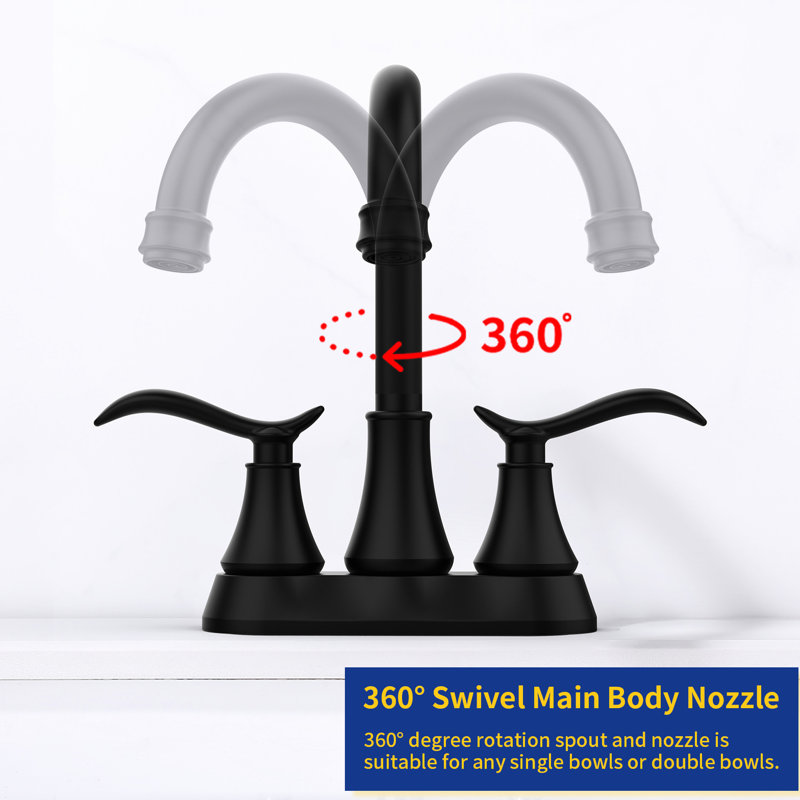 Matte Black 4 Inch Bathroom Faucet - 2 Handle 360 Degree High Arc Swivel Spout Vanity Sink With Pop-Up Drain & Supply Hoses 2 Wash Basin