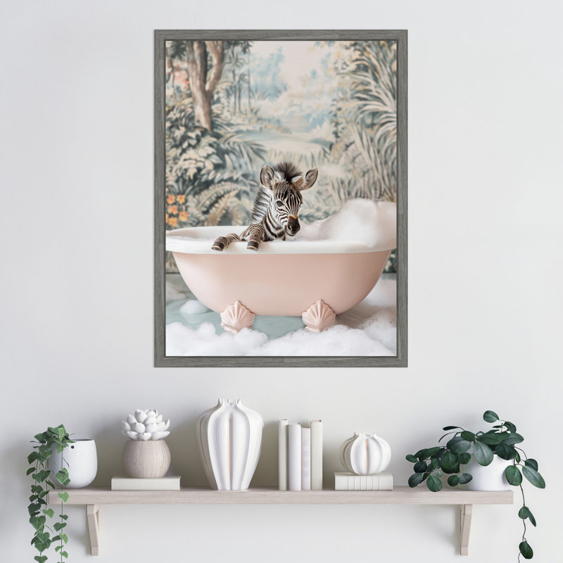 «Zebra Bath Time» par Hostetter, reproduction d'art sur toile encadrée, H 24 po x l 18 po
