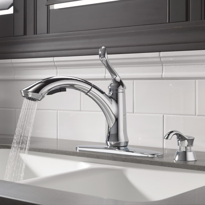 Linden Pull Out Sprayer Kitchen Sink Faucet, Single Handle Kitchen Faucet, Chrome, With Soap Dispenser