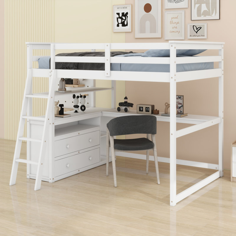 Loft Bed With Desk And Shelves,Drawers, White