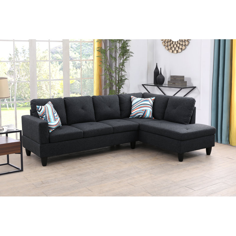 Adaleah Upholstered L-Shaped Sectional, Right Hand Facing, Black Linen Blend
