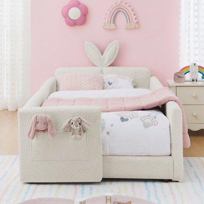 Twin Size Upholstered Platform Bed With Cute Rabbit Ear Shaped Headboard, Safety Rail, And Storage Pocket, Beige Boucle Fabric