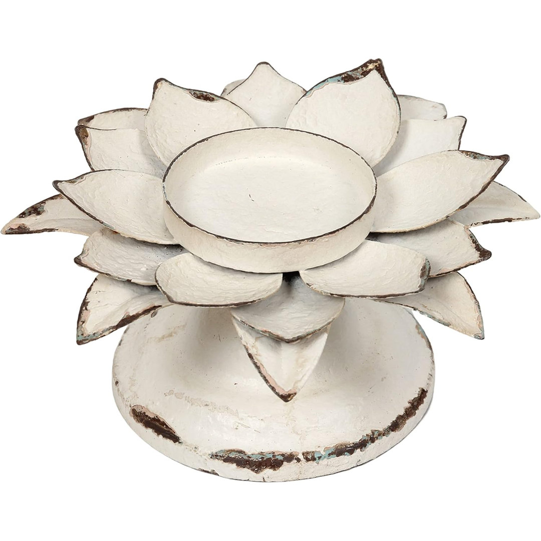 3.3'' Rustic Pillar Candle Holder Metal Lotus Flower, Antique White Handmade Candlesticks Holder For Table Centerpiece Bungalow Rose