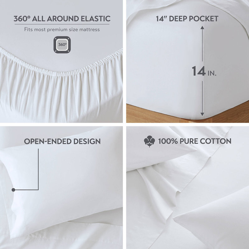 Cotton 144TC Breathable 100% Cotton Sheet Set, White, Queen Sheet Set with 2 Pillowcases